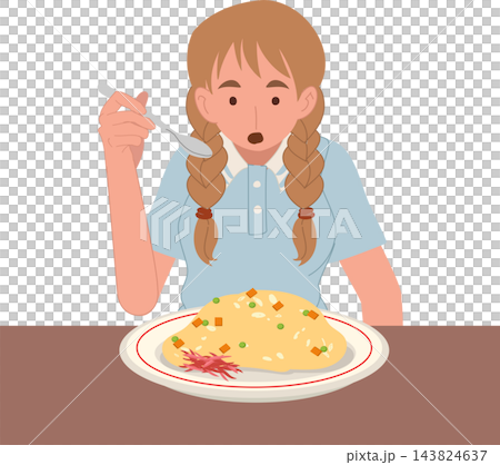 Woman Eating Fried Rice with Spoon at Dining Table Cute Cartoon Food Illustration Woman Eating Fried Rice with Spoon at Dining Table Cute Cartoon Food Illustration 143824637
