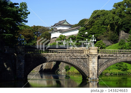 青空に映える皇居の正門石橋、二重橋とお濠 10月皇居71正門と二重橋 青空に映える皇居の正門石橋、二重橋とお濠 10月皇居71正門と二重橋 143824683