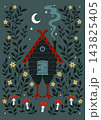 Slavic folklore hut on chicken legs with mushrooms, moon and magical forest plants 143825405