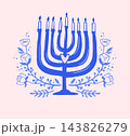 Blue Hanukkah hand drawn banner and greeting card template with Hannukah menorah and flowers 143826279