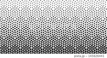 Pattern with repeated faded diamond, flower leaves or dotted cube shapes. Simple geometric background with halftone or gradient effect. Wallpaper with abstract print. Vector graphic illustration 143826441