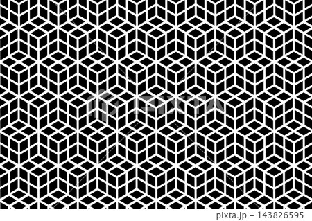 Pattern with repeated rhombus, flower or cube shapes. Simple geometric background. Abstract ornament. Mosaic print. Floor or wall tile arrangement. Vector graphic illustration Pattern with repeated rhombus, flower or cube shapes. Simple geometric background. Abstract ornament. Mosaic print. Floor or wall tile arrangement. Vector graphic illustration 143826595