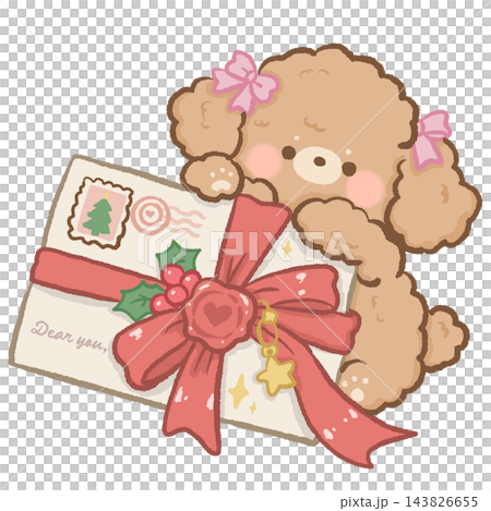 Adorable Fluffy Apricot Toy Poodle Puppy with Pink Bows Holding a Vintage Christmas Envelope Wrapped with a Large Red Ribbon and Heart Wax Seal Cute Romantic Holiday Mail Illustration Adorable Fluffy Apricot Toy Poodle Puppy with Pink Bows Holding a Vintage Christmas Envelope Wrapped with a Large Red Ribbon and Heart Wax Seal Cute Romantic Holiday Mail Illustration 143826655