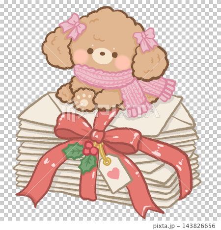 Cute Kawaii Apricot Toy Poodle Puppy Wearing a Pink Knitted Scarf Sitting on a Stack of Vintage Love Letters Tied with a Red Satin Bow and Holly Decoration Christmas Postal Illustration Cute Kawaii Apricot Toy Poodle Puppy Wearing a Pink Knitted Scarf Sitting on a Stack of Vintage Love Letters Tied with a Red Satin Bow and Holly Decoration Christmas Postal Illustration 143826656
