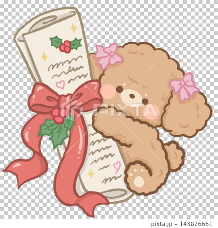 Adorable Apricot Toy Poodle Puppy Peeking Behind a Vintage Brass Letter Tray Filled with Pink Christmas Envelopes Red Ribbon Holly Berries and Golden Bell Cute Holiday Illustration Adorable Apricot Toy Poodle Puppy Peeking Behind a Vintage Brass Letter Tray Filled with Pink Christmas Envelopes Red Ribbon Holly Berries and Golden Bell Cute Holiday Illustration 143826661