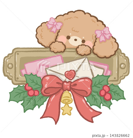 Adorable Apricot Toy Poodle Puppy Peeking Behind a Vintage Brass Letter Tray Filled with Pink Christmas Envelopes Red Ribbon Holly Berries and Golden Bell Cute Holiday Illustration 143826662
