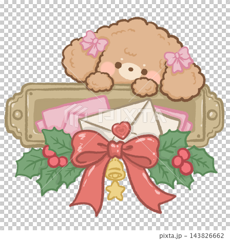 Adorable Apricot Toy Poodle Puppy Peeking Behind a Vintage Brass Letter Tray Filled with Pink Christmas Envelopes Red Ribbon Holly Berries and Golden Bell Cute Holiday Illustration Adorable Apricot Toy Poodle Puppy Peeking Behind a Vintage Brass Letter Tray Filled with Pink Christmas Envelopes Red Ribbon Holly Berries and Golden Bell Cute Holiday Illustration 143826662