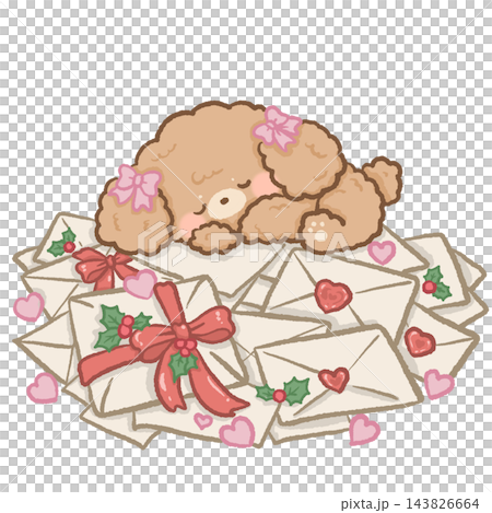 Cute Apricot Toy Poodle Puppy Sleeping on a Pile of Christmas Love Letter Envelopes Decorated with Red Ribbon Heart Wax Seals and Holly Berries Kawaii Holiday Illustration Cute Apricot Toy Poodle Puppy Sleeping on a Pile of Christmas Love Letter Envelopes Decorated with Red Ribbon Heart Wax Seals and Holly Berries Kawaii Holiday Illustration 143826664