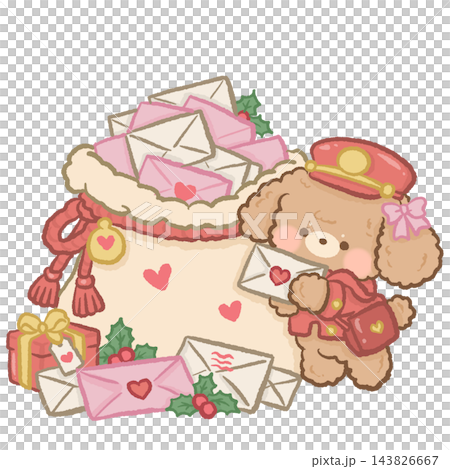 Adorable Apricot Toy Poodle Puppy Dressed as a Christmas Postal Worker Carrying Love Letters Beside a Festive Mail Sack Filled with Pink Envelopes Cute Holiday Illustration 143826667