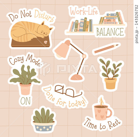 Cozy Home Office Sticker Sheet. Cute Sleeping Red Tabby Cat on Laptop, Houseplants, Bookshelf, Lamp, Mug, Glasses, and Pencil Collection. Vector Illustration. Isolated Flat Daily Planner Elements Cozy Home Office Sticker Sheet. Cute Sleeping Red Tabby Cat on Laptop, Houseplants, Bookshelf, Lamp, Mug, Glasses, and Pencil Collection. Vector Illustration. Isolated Flat Daily Planner Elements 143826782