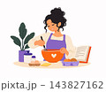 Young woman baking and mixing ingredients in a bowl at home with eggs, cookbook and kitchen supplies. Home cooking, baking recipe and homemade food concept. 143827162