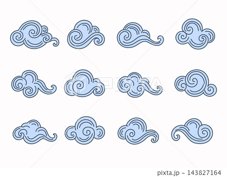 Set of stylized blue clouds with decorative swirling lines and hand drawn ornamental shapes. Weather, sky and fantasy cloud design elements. 143827164
