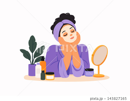 Young woman enjoying a skincare and beauty routine with facial mask, cosmetic products, mirror and towel. Self care, wellness, spa and home beauty treatment concept. 143827165
