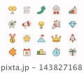 Colorful success and achievement icon set with trophy, medal, target, growth chart, award, light bulb, rocket and goal symbols. Business motivation and career success concept. 143827168