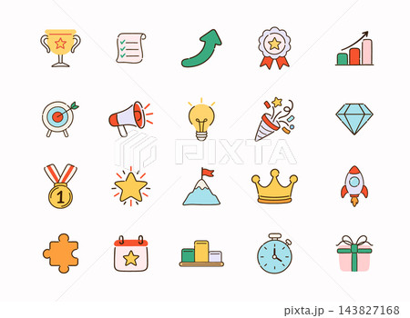 Colorful success and achievement icon set with trophy, medal, target, growth chart, award, light bulb, rocket and goal symbols. Business motivation and career success concept. 143827168