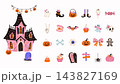 Cute Halloween elements collection with haunted house, ghosts, pumpkins, witch accessories, candy, bat, skull, spider, coffin, eyeball, bones and spooky decorations. 143827169