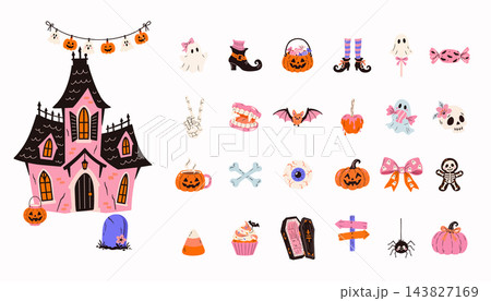 Cute Halloween elements collection with haunted house, ghosts, pumpkins, witch accessories, candy, bat, skull, spider, coffin, eyeball, bones and spooky decorations. 143827169