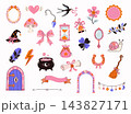 Whimsical magical and witchcraft elements collection with witch hat, cauldron, mushroom, crystal pendant, hourglass, bell, mirror, lucky clover, horseshoe, broom, magical door and celestial 143827171