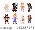 Cute Halloween children costume character set with mummy, grim reaper, zombie, black cat, bat, scarecrow, ghost and skeleton kids. 143827173