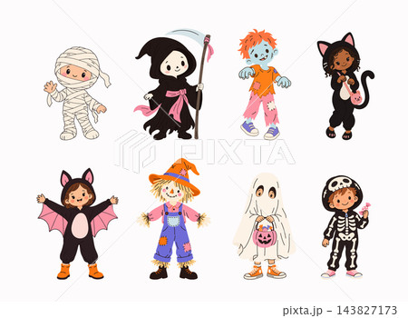 Cute Halloween children costume character set with mummy, grim reaper, zombie, black cat, bat, scarecrow, ghost and skeleton kids. 143827173