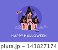 Happy Halloween greeting card with cute haunted house, glowing windows, bat, spider and grave on purple night background. 143827174