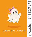 Cute friendly ghost with pink bow and Happy Halloween lettering on bright orange background. Fun seasonal greeting card illustration. 143827176
