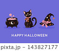 Happy Halloween witchcraft illustration with bubbling magic cauldron, mystical black cat and witch hat decorated with moon, stars and pink bow. 143827177