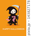 Cute grim reaper character holding a scythe with Happy Halloween lettering on orange background. Funny spooky seasonal greeting illustration. 143827178
