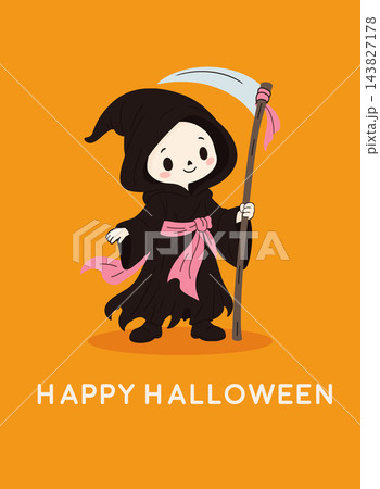 Cute grim reaper character holding a scythe with Happy Halloween lettering on orange background. Funny spooky seasonal greeting illustration. Cute grim reaper character holding a scythe with Happy Halloween lettering on orange background. Funny spooky seasonal greeting illustration. 143827178