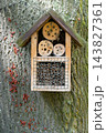 House for insects. A box made of bark, straw and stones. Bricks, cones and bamboo for the insect to settle there. Home for wild bees. Eco friendly do-it-yourself craft. Idea for a garden. DIY 143827361
