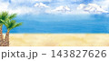 Watercolor tropical beach horizontal banner background with palm tree and ocean sky 143827626