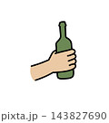 Hand holding bottle beige, filled fist grip green glass vessel, drink container symbol. Beverage party concept, simple tableware salute mark. Gripped flask seal 143827690