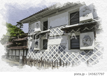水彩画風 勝山町並み保存地区 岡山県真庭市 水彩画風 勝山町並み保存地区 岡山県真庭市 143827797