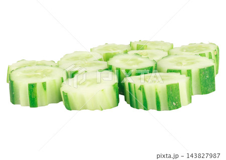 pile sliced cucumber isolated on white background pile sliced cucumber isolated on white background 143827987