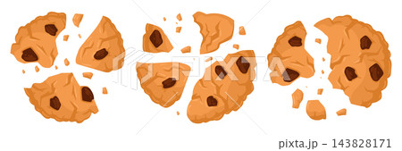 Broken cookie crumbs. Chocolate chip biscuit shattered into chunks flat vector illustration. Crumbly bakery snack 143828171