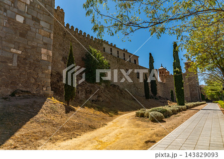 Cypress Lined Path Beneath Ancient Walls of Toledo, Spain 143829093