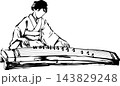 琴を弾く着物女性の墨絵イラスト・和風背景デザイン素材 143829248