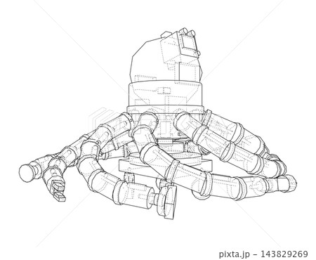 Tentacled robot line drawing. Vector Tentacled robot line drawing. Vector 143829269