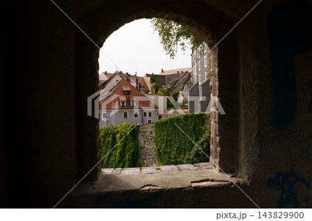 Window view of Goerlitz with lush greenery and charming rooftops 143829900