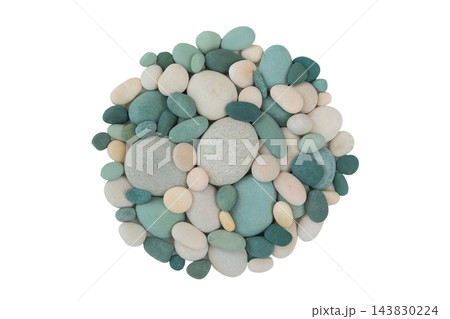 Light colored sea pebbles isolated on a white background. Summer vacation. Top view. Light colored sea pebbles isolated on a white background. Summer vacation. Top view. 143830224