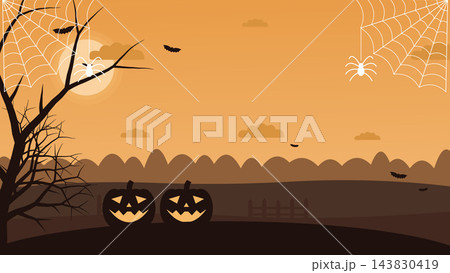 Halloween Pumpkin Silhouette Landscape with Spider Webs and Bats 143830419