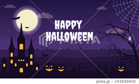 Happy Halloween Haunted Castle Banner with Full Moon and Jack-o'-Lanterns 143830420