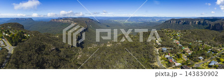 Aerial panoramic view of the Jamison Valley near Katoomba in the Blue Mountains Aerial panoramic view of the Jamison Valley near Katoomba in the Blue Mountains 143830902