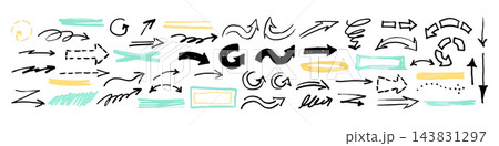 Collection of sketched black arrows with straight, curved, circular and dashed forms, accompanied by yellow and turquoise marker highlights, underlines and frames on white. 143831297