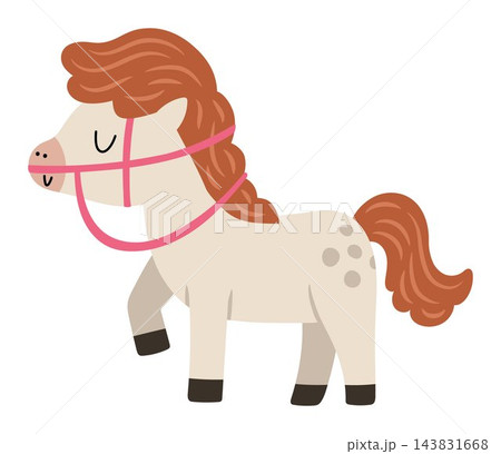 Cute beige pony isolated on white background. Vector little horse with bridle and reins. Medieval fairytale character. Cartoon magic icon. Fairy tale walking pony Cute beige pony isolated on white background. Vector little horse with bridle and reins. Medieval fairytale character. Cartoon magic icon. Fairy tale walking pony 143831668