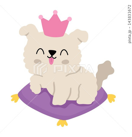 Beige vector dog princess sitting on purple cushion. Fantasy animal in crown isolated on white background. Fairytale puppy character. Cartoon magic icon. Fairy tale pet Beige vector dog princess sitting on purple cushion. Fantasy animal in crown isolated on white background. Fairytale puppy character. Cartoon magic icon. Fairy tale pet 143831672