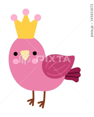 Pink vector bird princess. Fantasy animal in crown isolated on white background. Fairytale character. Cartoon magic icon. Fairy tale pet 143831673