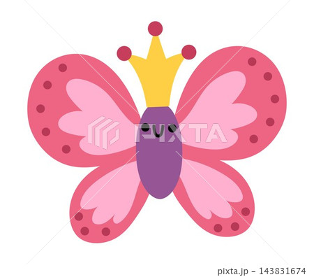 Pink vector butterfly princess. Fantasy insect in crown isolated on white background. Fairytale animal character. Cartoon magic icon. Fairy tale pet Pink vector butterfly princess. Fantasy insect in crown isolated on white background. Fairytale animal character. Cartoon magic icon. Fairy tale pet 143831674