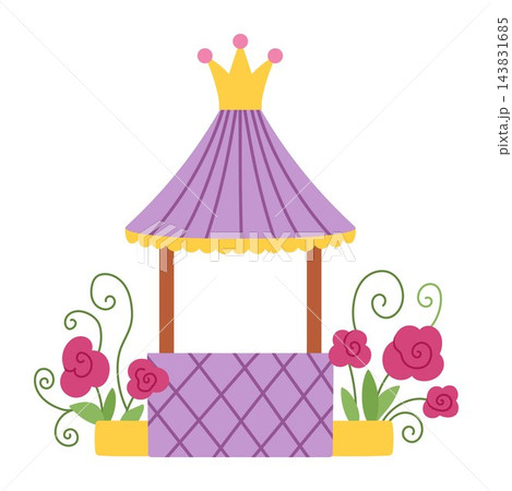 Cute fairy tale garden gazebo with purple canopy topped with crown, decorated with pink flowers and vines. Royal pavilion in flat cartoon style. Perfect for princess themed books, fairy tale Cute fairy tale garden gazebo with purple canopy topped with crown, decorated with pink flowers and vines. Royal pavilion in flat cartoon style. Perfect for princess themed books, fairy tale 143831685