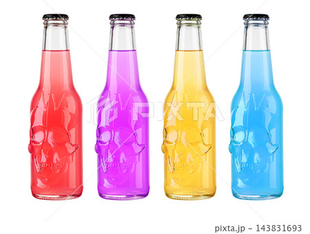 Colorful skull bottles containing vibrant refreshing beverages Colorful skull bottles containing vibrant refreshing beverages 143831693